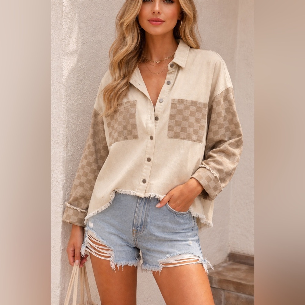 Beige Checker Patch Button-Up Shirt Jacket Raw Edge